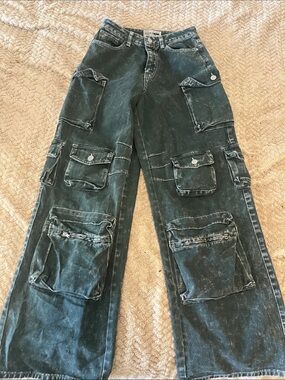 Fashion Nova Black Washed Wide Leg Cargo Pants